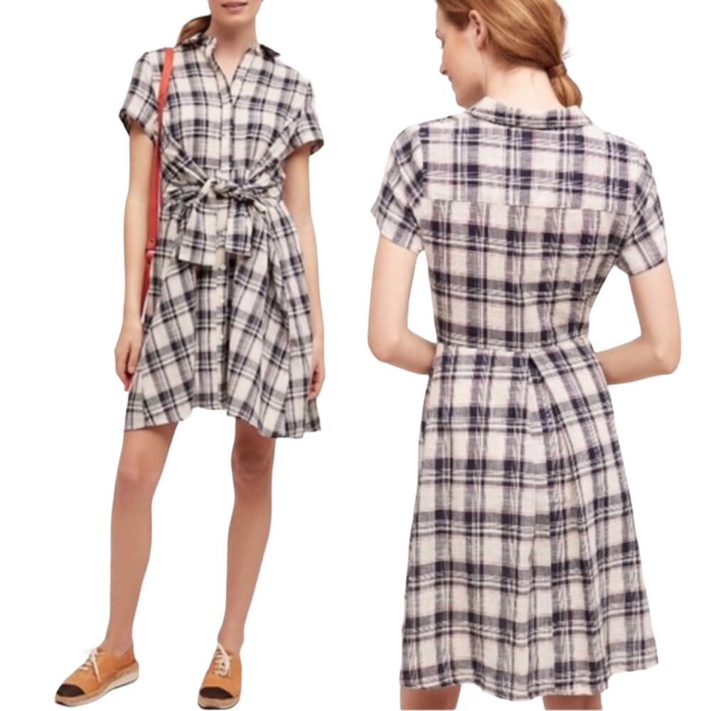 Anthropologie Shirt Dress Fit & Flare Plaid Patterned Cotton Mini Womens XSmall